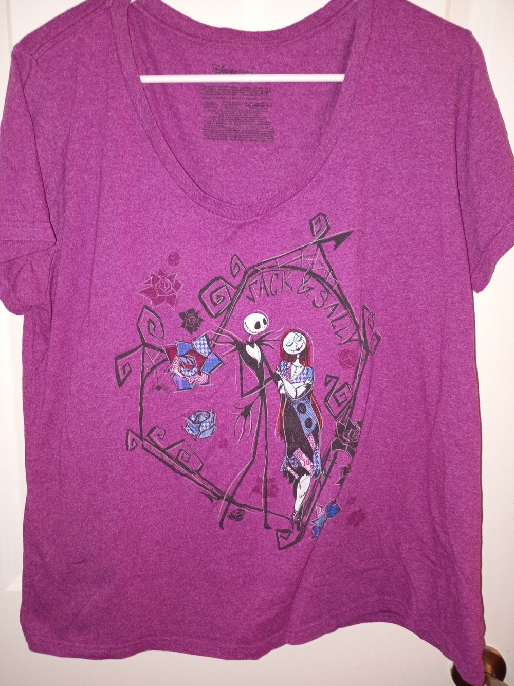 Disney Women's Fuschia V-Neck Tee with Jack & Sally Graphic